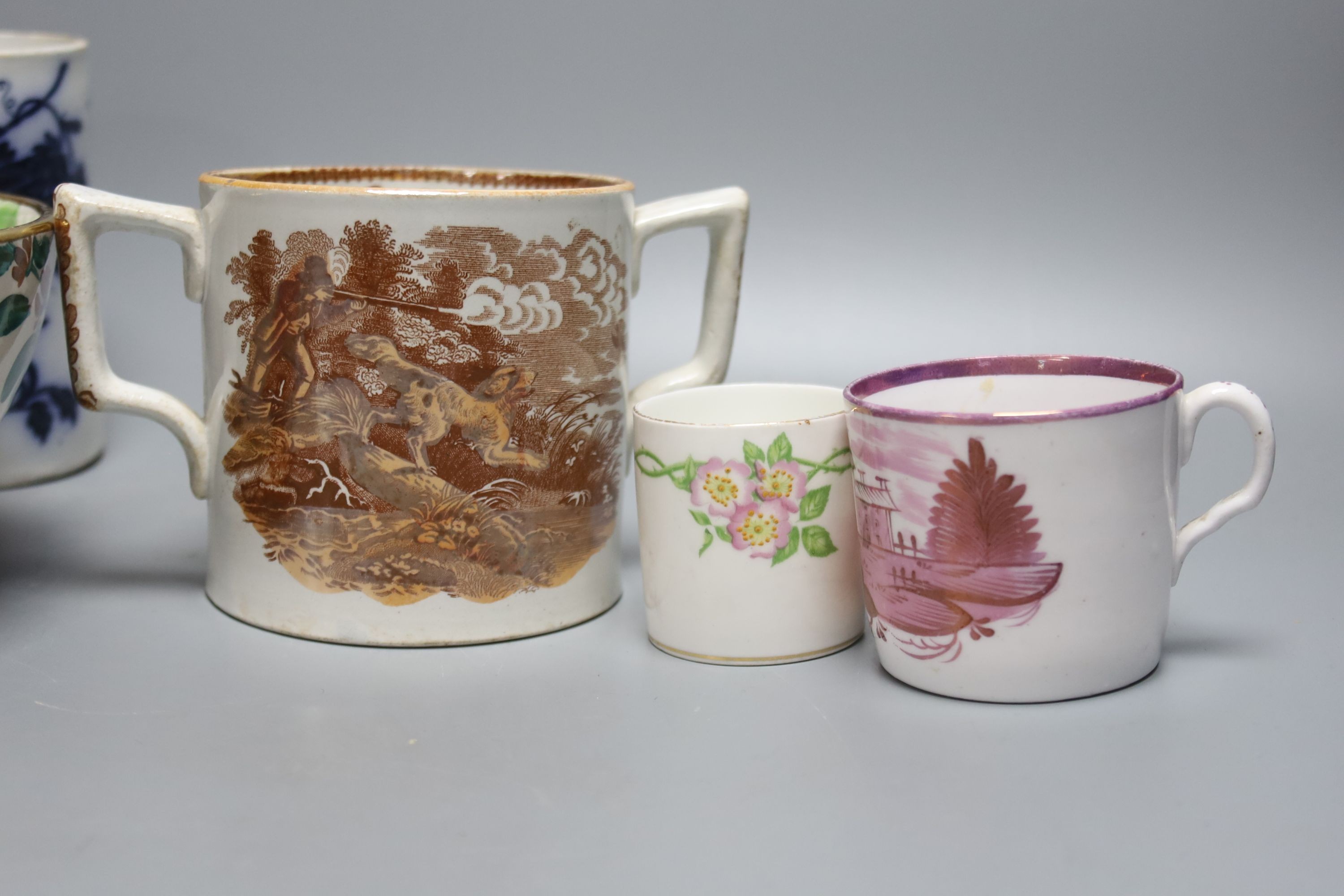 A group of ceramic mugs and cans, including a Samson of Paris armorial mug, 11.8cm and a Welsh gaudy style bowl